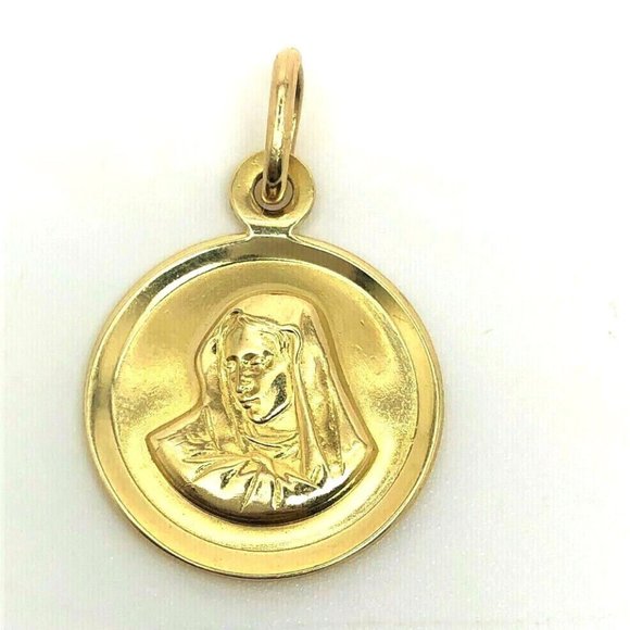 14K Italian Yellow Gold Round Madonna (Virgin Mary) Pendant 14k 585